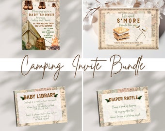 May include: A set of four printable cards for a baby shower with a camping theme. The cards feature a map background with illustrations of camping gear, a campfire, and a baby's footprints. The text on the cards includes "Please join us for a Baby Shower", "We need S'more friends like you", "Baby Library", and "Diaper Raffle".