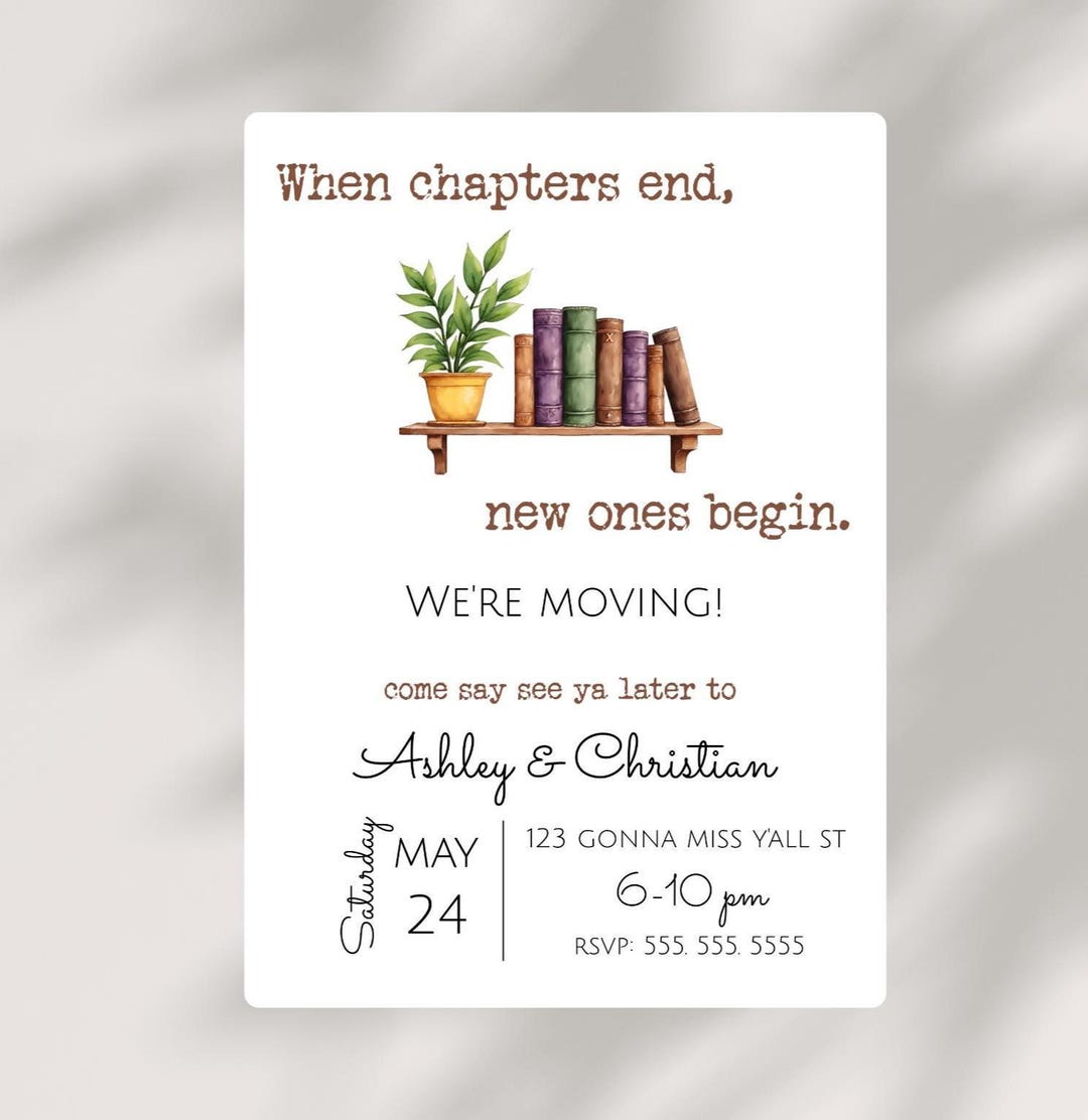 Moving Invitations Going Away Party Farewell Moving Printable Invitation New Chapter ...