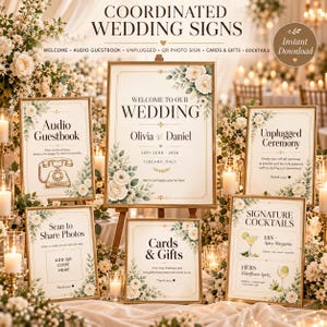 Pacchetto di cartelli per l'esperienza degli ospiti del matrimonio / 6 cartelli per matrimoni modificabili su Canva / Libro degli ospiti audio, cerimonia unplugged, cartello fotografico con codice QR e altro ancora