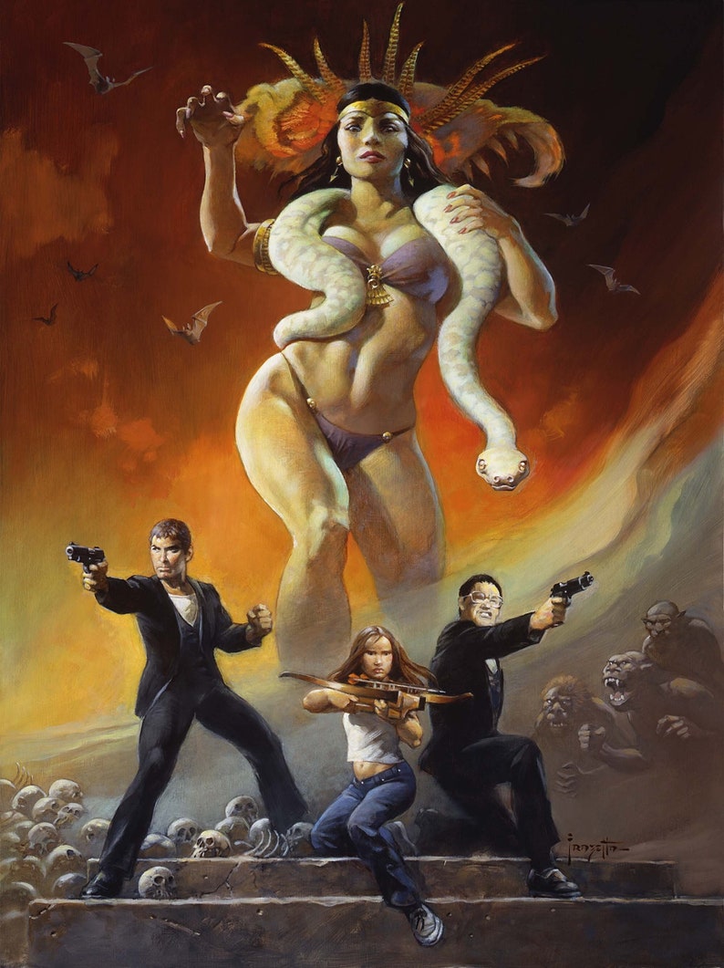 May include: An illustration depicting a large woman with a snake wrapped around her, wearing a bikini. Below, three people aim weapons at a group of monsters. The background is a fiery orange.