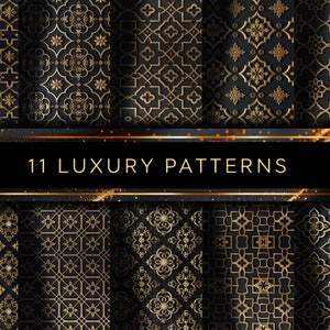 Puede incluir: Once patrones geométricos dorados y negros con una pancarta negra que dice "11 LUXURY PATTERNS".