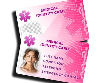 Può includere: Carta d'identità medica rosa con un simbolo rosa a forma di stella della vita e un segnaposto per la foto. La carta riporta il testo "CARTA D'IDENTITÀ MEDICA" e "NOME COMPLETO, CONDIZIONE, ALLERGIE, CONTATTO DI EMERGENZA".