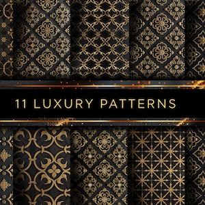 May include: Eleven gold and black luxury patterns. The patterns are intricate and geometric, with a repeating design. The patterns are perfect for use in a variety of design projects, such as wallpaper, fabric, and packaging.
