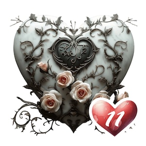 Ensemble de cliparts gothiques blancs, coeurs et roses entrelacées : 11 images PNG, arrière-plan transparent, usage commercial.