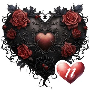 Ensemble de 11 cliparts coeurs gothiques et roses entrelacées sur fond transparent à usage commercial