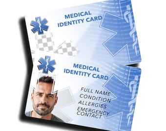 Può includere: Due tessere di identità medica con un design blu e bianco. Le tessere presentano la scritta "MEDICAL IDENTITY CARD" e un simbolo medico. Una tessera include una foto e campi per informazioni mediche personali.