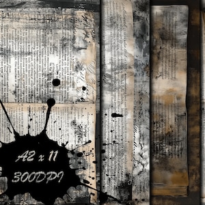 Puede incluir: Un collage abstracto con fragmentos de papel envejecido con texto visible y notas manuscritas. El diseño incorpora salpicaduras de tinta negra y el texto "A2 x 11 300DPi". La paleta de colores incluye tonos de beige, gris y negro.