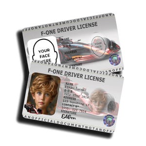 Bewerkbare badge-ID rijbewijs F1 voor kinderen - GRATIS bewerkingstool - kaartrekwisiet - 9 png-ID's - direct downloaden - commercieel gebruik
