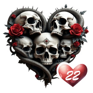 Ensemble de 22 images clipart coeur gothique crânes et roses sur fond transparent à usage commercial