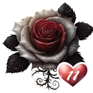 Roses gothiques - Clipart rouge, noir et argent, ensemble de 11 images PNG sur fond transparent à usage commercial