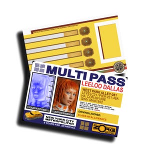 Peut inclure: Une carte d'identification Multi Pass avec le nom Leeloo Dallas, avec une photo et des informations personnelles. La carte a un fond jaune et blanc avec le texte "FOR USE BY AUTHORIZED CITIZENS OF THE FEDERATED TERRITORIES ONLY."