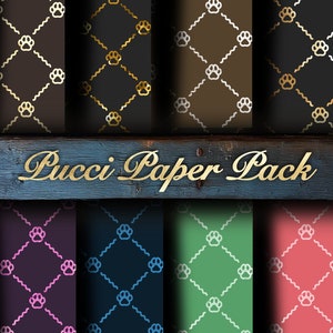 May include: A digital paper pack with 12 different patterns featuring paw prints in various colors. The patterns are arranged in a grid with a wooden sign that reads "Pucci Paper Pack".