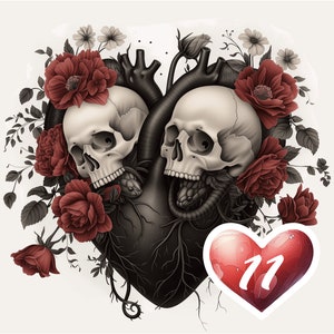 Ensemble de 11 images clipart coeur gothique crânes et roses sur fond transparent à usage commercial