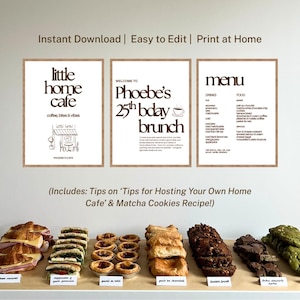 Può includere: Tre stampe incorniciate con testo a tema caffè e una varietà di pasticcini. Le stampe recitano "little home cafe", "Phoebe's 25th bday brunch" e un menu. I pasticcini includono croissant, panini e crostate.