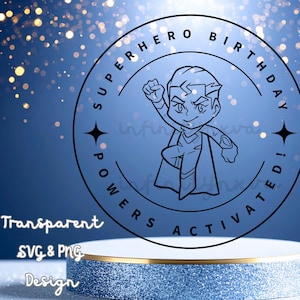 May include: A black and white superhero-themed design with the text "SUPERHERO BIRTHDAY" and "POWERS ACTIVATED!" encircling a cartoon superhero. The design includes the text "Transparent SVG & PNG Design".