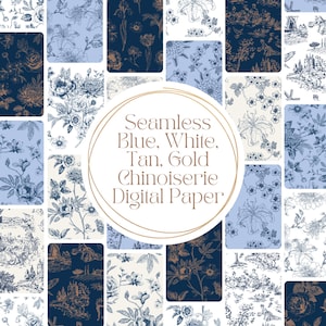 70+ Chinoiserie Floral Seamless Patterns - Vintage Floral Patterns - Chinoiserie Digital Papers | Blue White Gold Tan Patterns | Floral