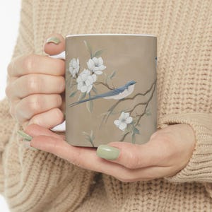 Bird Mug with Blue Swallows and White Flowers, Elegant Design, Coffee Cup for Nature Lovers, Tea Mug for Bird Enthusiasts,