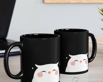Taza de búho adorable, taza de café de cerámica negra, regalo para amantes de los animales, taza de té con pájaro adorable, vajilla con criatura del bosque de dibujos animados