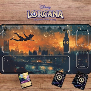 May include: A game mat for the Disney Lorcana Trading Card Game featuring a silhouette of Peter Pan flying over a cityscape with Big Ben in the background. The mat has spaces for a deck, discard pile, and a player's hand.