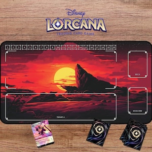 Tapete de juego Pride Rock - Tapete de juego Lorcana TCG, tapete de juego inspirado en El Rey León, tapete de juego Lorcana con zonas, tapete de juego Simba, tapete Lorcana del Rey León