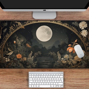 Midnight Garden Desk Mat, Dark Floral Desk Mat, Lush Green Forest Whimsical Moon Desk Mat, Large Boho Witchy Desk Mat, Witchy Mousepad