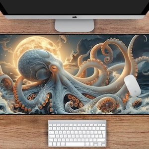 White Octopus Desk Mat, Octopi Moon Mousepad, Octopus Mouse Pad, Gaming Mousepad XL, Gamer Gifts