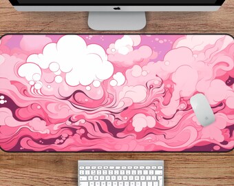 Pink Cloud Dream - Cute Anime Desk Mat for a Kawaii Workspace, Abstract Pink Desk Pad for Aesthetic Desk Decor, Pink Desk Mat, Pink Mousepad
