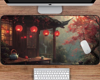 Sakura Forest Desk Mat, Japanese Desk Mat for Gaming and Aesthetic Workspace, Japanese Art Mousepad with Sakura Forest, Nature Desk Mat