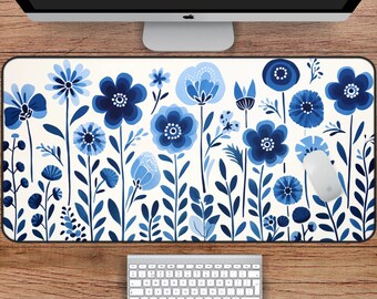 Simplistic Blue Flower Desk Mat, Polish Pottery Art Desk Mat for Elegant Workspace, Large Floral Mousepad with Aesthetic Appeal