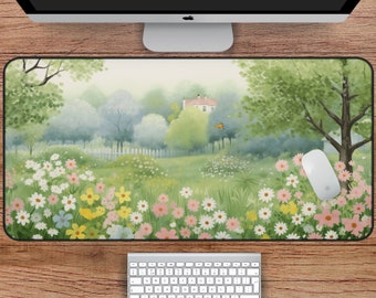 Cottagecore Garden Desk Mat, Aesthetic Desk Mat for a Calm and Cozy Office, Cottagecore Desk Mat for a Cozy Workspace,  Green Desk Mat