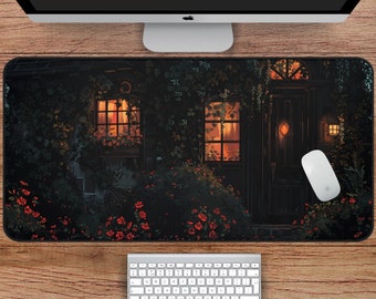 Cozy Cottagecore Night Desk Mat, Dark Cottagecore Desk Mat, Enchanted Cottage Garden, Floral Desk Mat and Cottagecore Mousepad, Red Floral