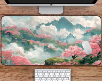 Japanese Landscape Desk Mat - Cherry Blossom & Green Mountains - Unique Sakura Desk Mat, Large Cherry Blossom Desk Mat