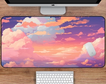 May include: A pink and purple gradient mousepad with a cartoon illustration of fluffy clouds in a sunset sky.