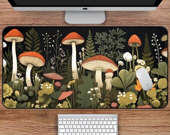 Dunkle Blumen- und Pilz-Schreibtischmatte, Handgezeichnete Waldpilz-Schreibtischunterlage, Witchy Botanische Schreibtischmatte, Cottagecore Schreibtischmatte