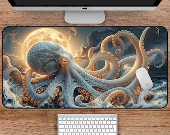 White Octopus Desk Mat, Octopi Moon Mousepad, Octopus Mouse Pad, Gaming Mousepad XL, Gamer Gifts