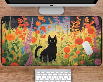 Anime Garden Cat Desk Mat, Black Cat Desk Mat, Floral Anime Desk Mat for Cat Lovers, Cozy Kawaii Mouse Pad with Colorful Flowers