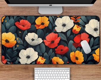 Dark Floral Desk Mat with White, Red, and Yellow Flowers - Botanical XL Desk Mat for Cottagecore and Gaming Setups, Botanical Desk Mat