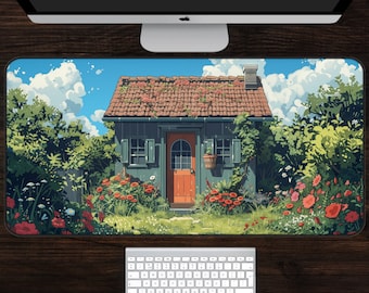 Lofi Japanese Cottage Desk Mat - Cozy Anime Desk Mat, Aesthetic Mousepad for Anime Lovers, Ghibli-Inspired Cottage Desk Mat