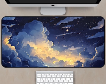 May include: A blue and purple mousepad with a starry night sky and clouds. The clouds are a light yellow and white color. The mousepad is perfect for gamers and anyone who wants to add a touch of style to their desk.