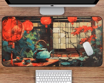 Red Japanese Desk Mat for Aesthetic Workspace, Japanese Art Mousepad for Zen Desk Decor, Gaming Desk Mat with Traditional Japanese Home