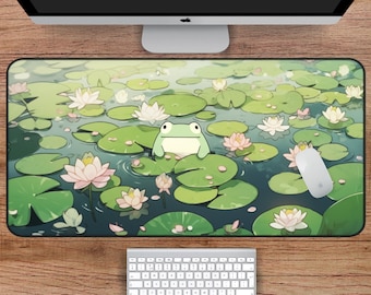 Alfombrilla de escritorio Kawaii Frog para vibraciones de anime acogedoras, alfombrilla de escritorio de anime acogedora, alfombrilla de escritorio Lofi, alfombrilla de ratón para juegos, alfombrilla de escritorio de rana linda, alfombrilla para ordenador portátil Lily Pad