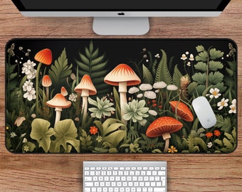 Dark Floral Mushroom Desk Mat, Dark Cottagecore Desk Mat, Mushroom Floral Desk Mat, Illustrated Nature Desk Mat, Cozy Green Desk Mat