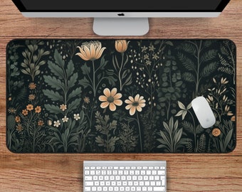 Dark Flora Desk Mat, Boho Desk Mat in Vintage Style, Sage Green Desk Mat, Dark Cottagecore Desk Mat, Wildflower Floral Mouse Pad