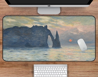 Claude Monet's Sunset Desk Mat, Nature Night Desk Mat, Red Sun Desk Mat, Cliff By The Sea Desk Mat, Monet Painting Desk Mat, Art Desk Mat