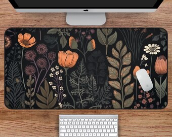 Boho Flora Desk Mat, Dark Vintage Flora Desk Mat, Cottagecore Desk Mat, Aesthetic Desk Mat, Magical Green and Purple Botanical Desk Mat