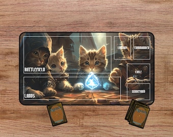 Fantasy Cat Playmat for MTG and TCG, MTG Playmat With Zones