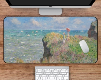 Monet's Cliff Walk at Pourville Desk Mat, Large Art Desk Mat with Monet Print, Art Painting Desk Mat, Floral Nature Desk Mat, Art Desk Mat