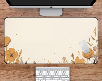 Hand-Drawn Florals on a Beige Desk Mat, Minimalist Beige Desk Mat, Beige Boho Mousepad, Extra Large Desk Mat, Cottagecore Desk Mat