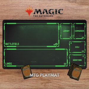 May include: Black MTG playmat with green neon borders and text, including "Battlefield," "Lands," "Library," "Commander," "Exile," and "Graveyard." The Magic: The Gathering logo is at the top. Several MTG cards are visible.