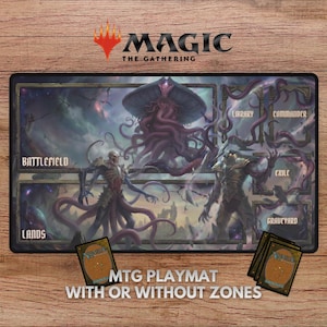 Puede incluir: Alfombrilla de juego MTG con una ilustración de fantasía de una criatura grande y figuras. La alfombrilla tiene zonas etiquetadas como Battlefield, Lands, Library, Commander, Exile y Graveyard. También se ve el texto "MTG Playmat With or Without Zones".